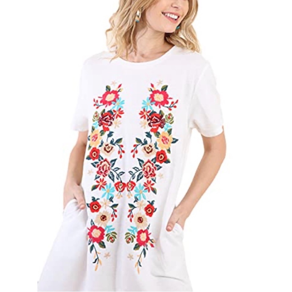 Umgee Size Large Floral Embroidered White Dress Pockets Boho Boutique Vacation